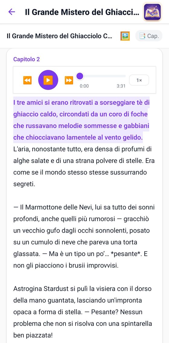 Lettore con audio: il testo del capitolo e il player della voce narrante