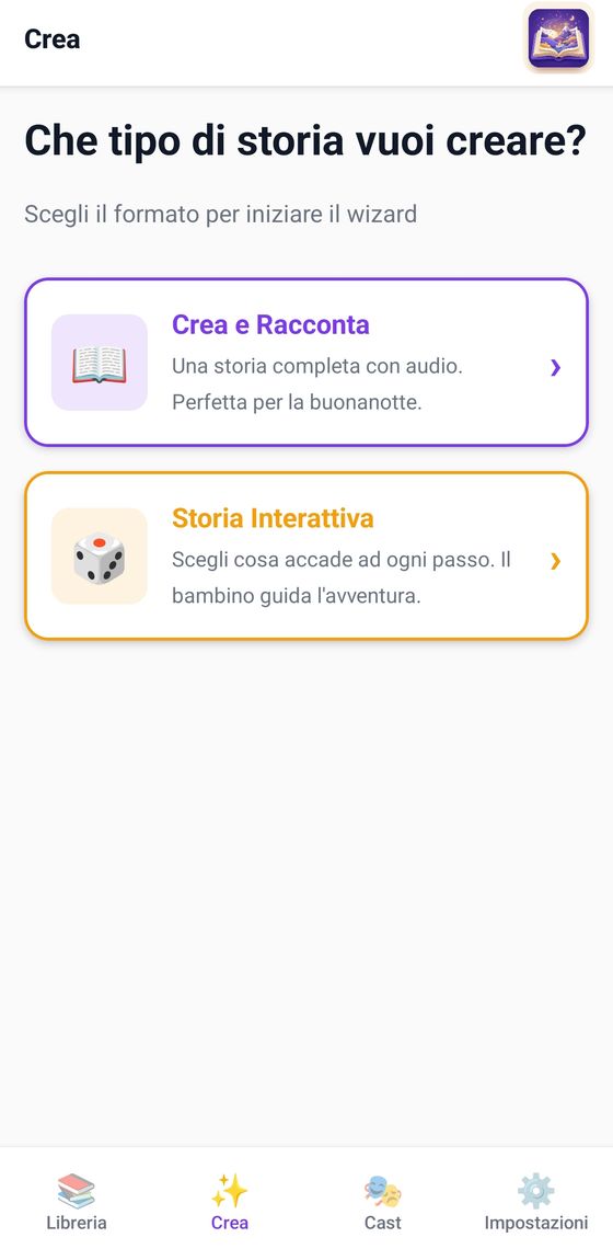 Schermata di creazione: scelta tra storia da ascoltare e storia interattiva
